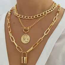 Charger l&#39;image dans la galerie, Punk Golden Metal Exaggerated Necklace for Women Cuban Chain Lock Coin Pendant Women&#39;s Necklaces Set Fashion Jewelry Gift