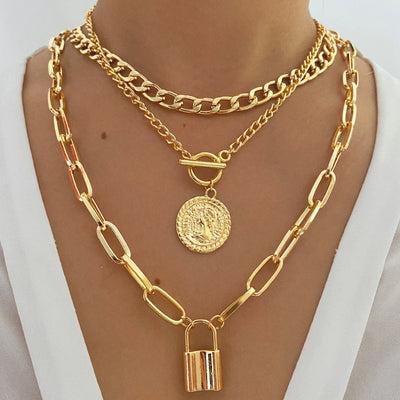 Punk Golden Metal Exaggerated Necklace for Women Cuban Chain Lock Coin Pendant Women's Necklaces Set Fashion Jewelry Gift