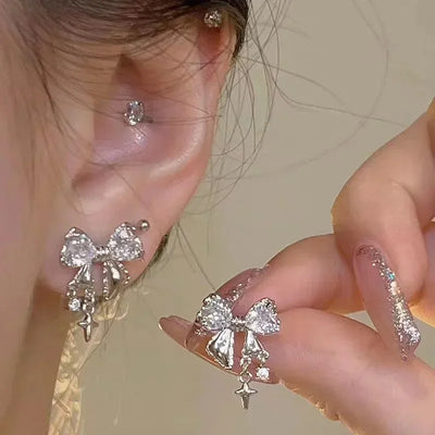 Korean Bowknot Zircon Stud Earrings for Women Trendy Cute Pink Crystal Earrings  Girl Party Jewelry Gifts