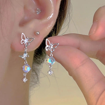 Korean Elegant Cute Rhinestone Butterfly Stud Earrings For Women Fashion Moonstone Tassel Earrings Luxury Elegant Jewelry Gifts