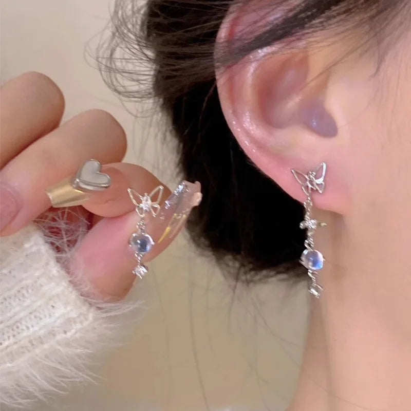 Korean Elegant Cute Rhinestone Butterfly Stud Earrings For Women Fashion Moonstone Tassel Earrings Luxury Elegant Jewelry Gifts