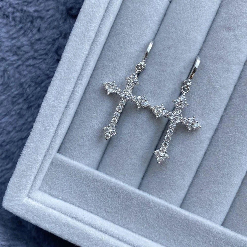 Korean Fashion Zircon Crystal Cross Women Drop Earrings for Gothic Punk Hip Hop Female Piercing Dangle Earrings Party Jewelry