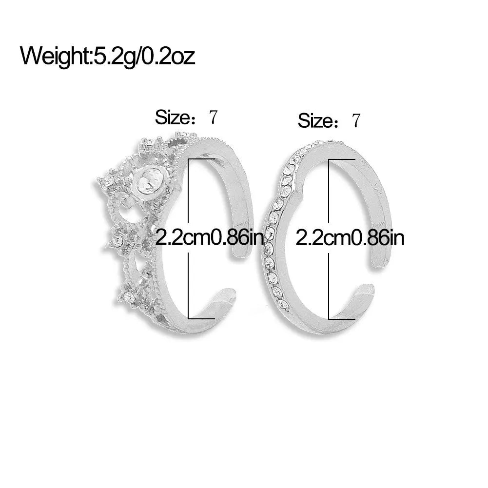 2PCS Crystal Crown Adjustable Ring Irregular Geometry Vintage Rings Set for Women Girls New Fashion Jewelry