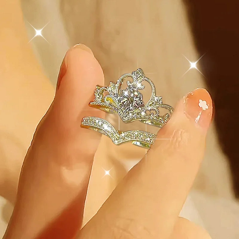 2PCS Crystal Crown Adjustable Ring Irregular Geometry Vintage Rings Set for Women Girls New Fashion Jewelry