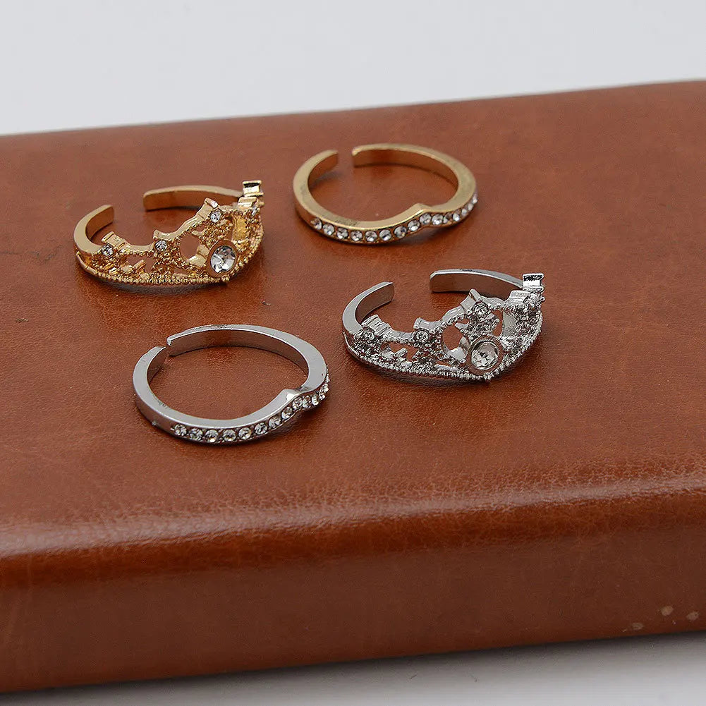 2PCS Crystal Crown Adjustable Ring Irregular Geometry Vintage Rings Set for Women Girls New Fashion Jewelry