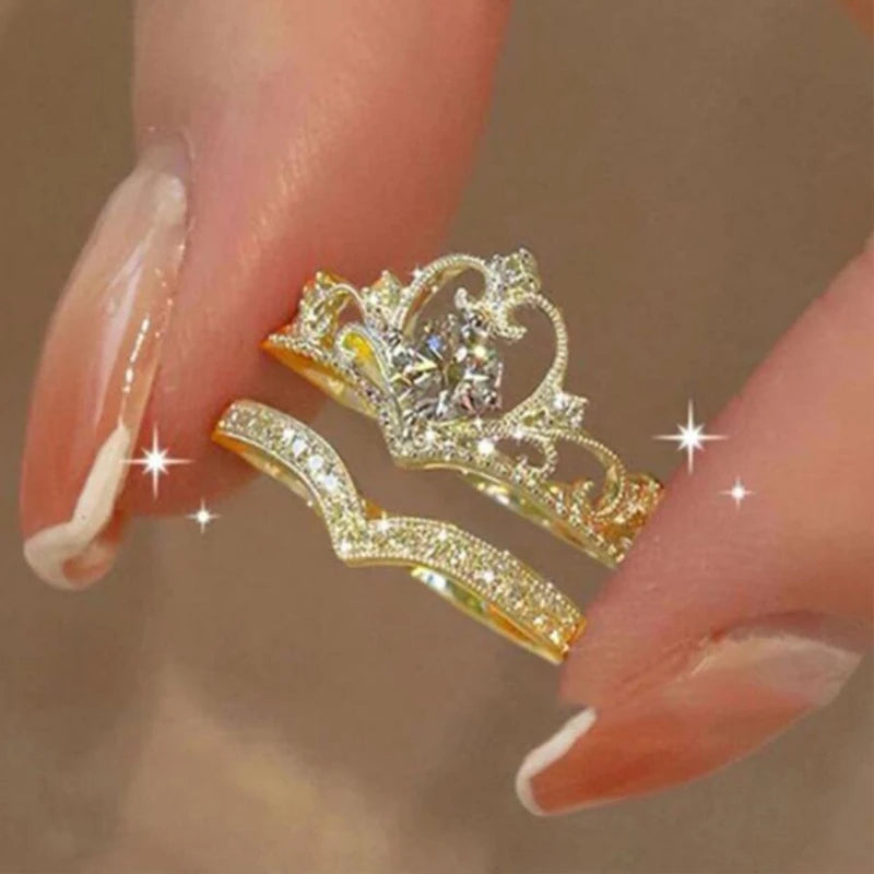 2PCS Crystal Crown Adjustable Ring Irregular Geometry Vintage Rings Set for Women Girls New Fashion Jewelry