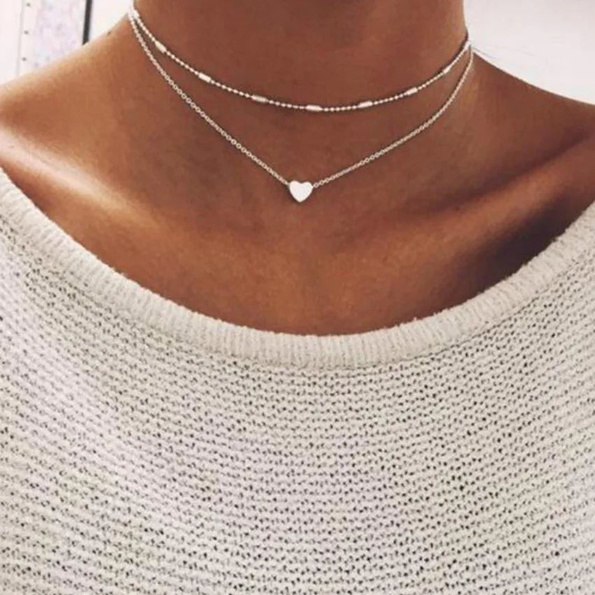 Simple Pearl Choker Necklaces for Women Fashion Double Layer Chain Small Love Heart Pendant Necklace Jewelry Gift Wholesale