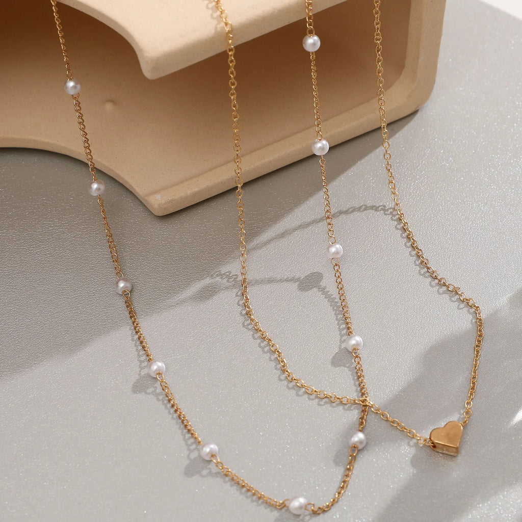 Simple Pearl Choker Necklaces for Women Fashion Double Layer Chain Small Love Heart Pendant Necklace Jewelry Gift Wholesale