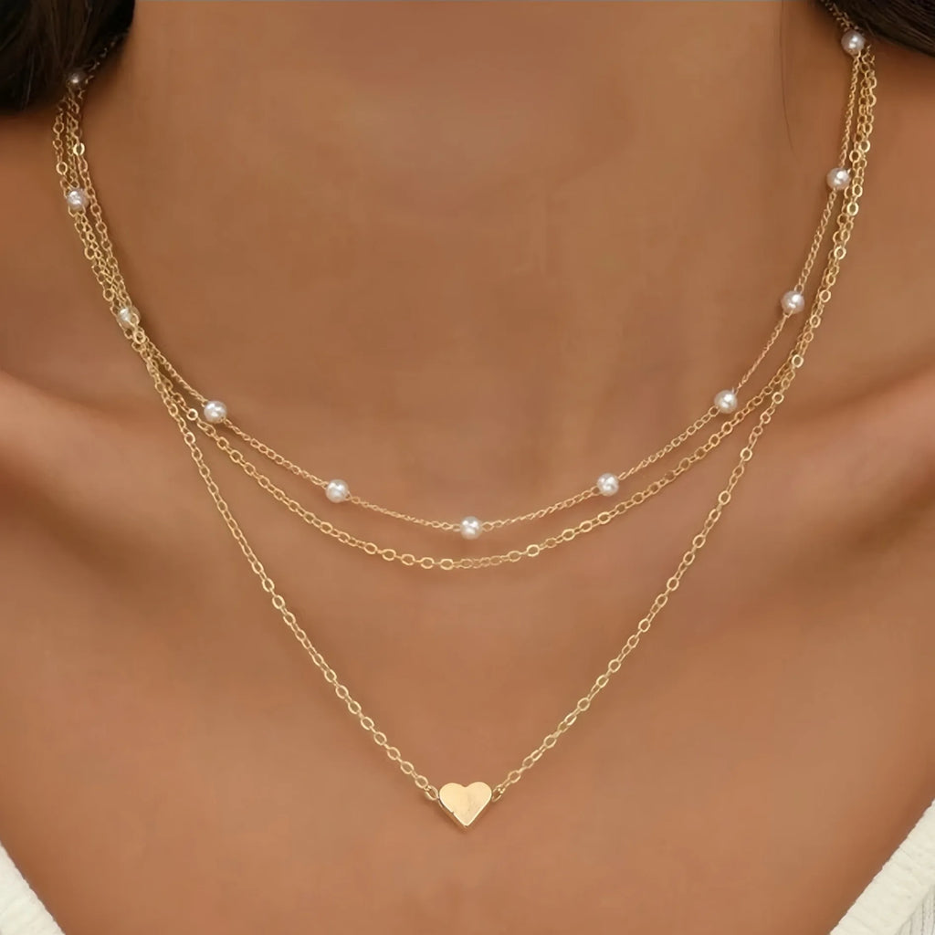 Simple Pearl Choker Necklaces for Women Fashion Double Layer Chain Small Love Heart Pendant Necklace Jewelry Gift Wholesale