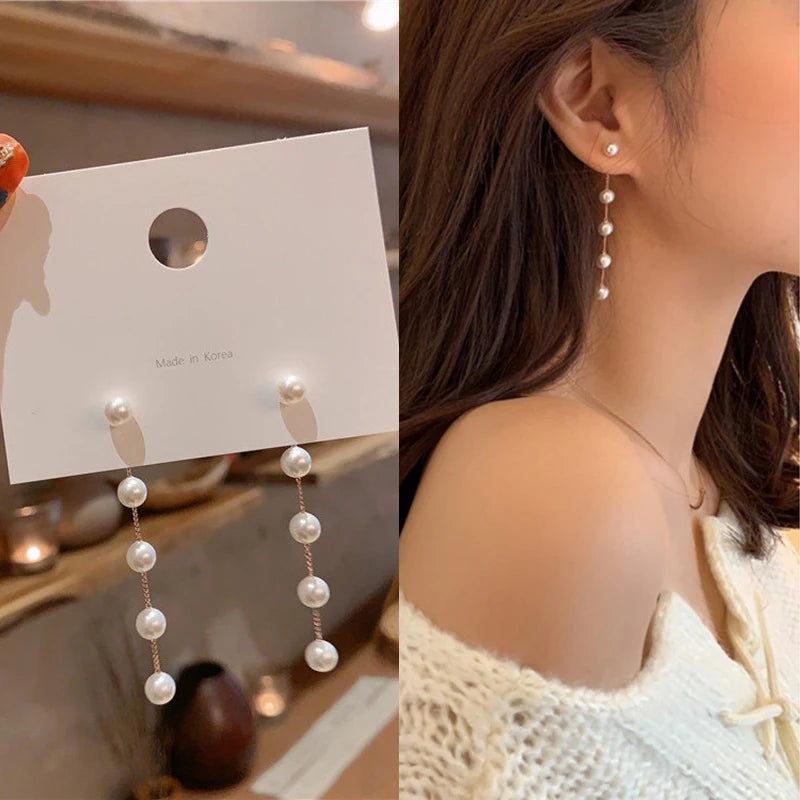 Trend Simulation Pearl Long Earrings Female Moon Star Flower Rhinestone Wedding Pendant Earrings Fashion Korean Jewelry