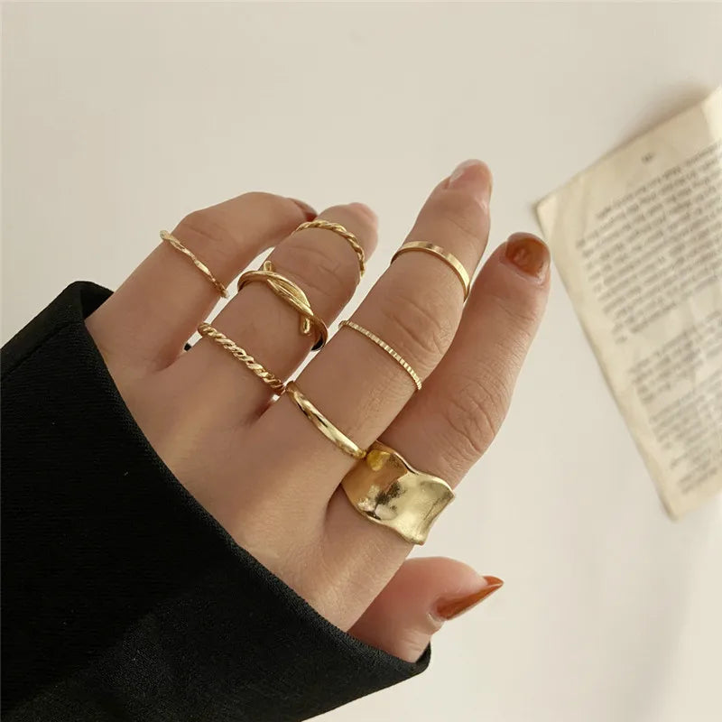 10 pcs/set Bohemian Ring Set Gold Silver Color Wide Rings For Women Girls Simple Chain Finger Tail Rings