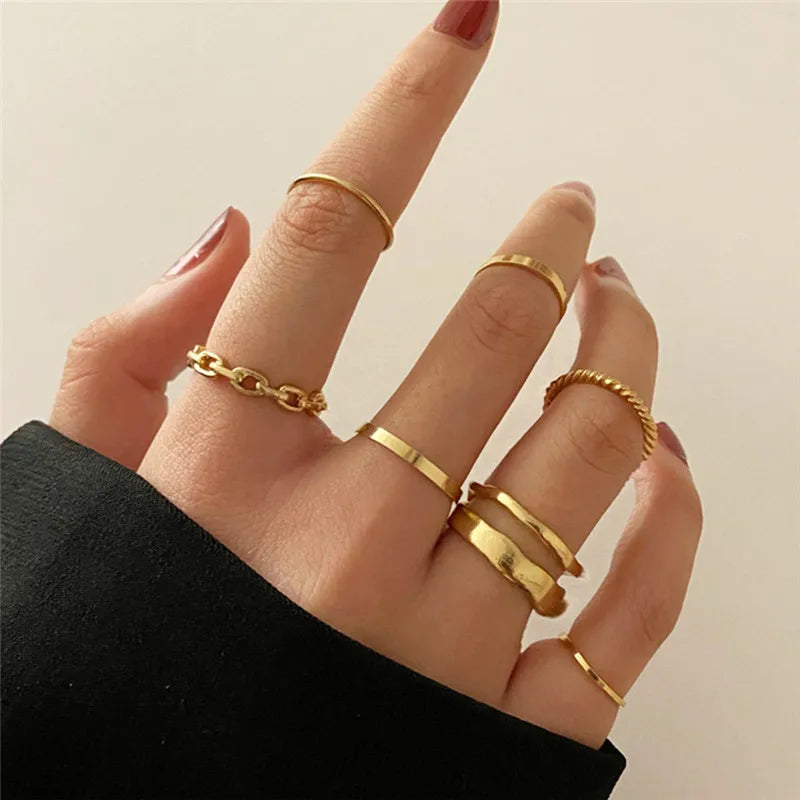 10 pcs/set Bohemian Ring Set Gold Silver Color Wide Rings For Women Girls Simple Chain Finger Tail Rings