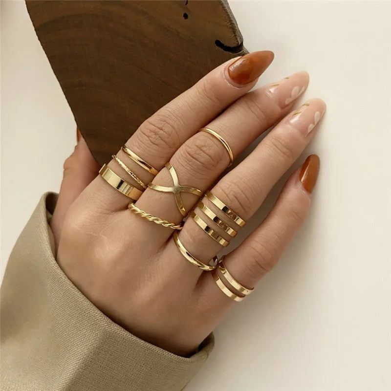 10 pcs/set Bohemian Ring Set Gold Silver Color Wide Rings For Women Girls Simple Chain Finger Tail Rings