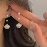 New Fashion Long Dangle Heart Pearl Earrings Sweet Elegant Temperament Women Drop Earrings Jewelry Gifts