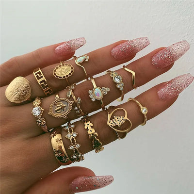 Bohemian Midi Knuckle Ring Set For Women crystal Elephant Crown crescent Geometric Finger Rings Vintage Jewelry