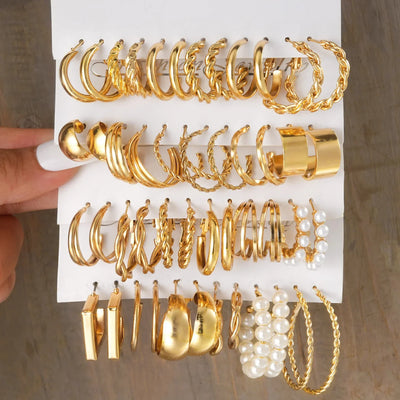 24 Pairs Earrings Set for Women Gold Color Bohemia Vintage Pearl Circle Geometric Hoop Earring Trendy Luxury Jewelry Gifts