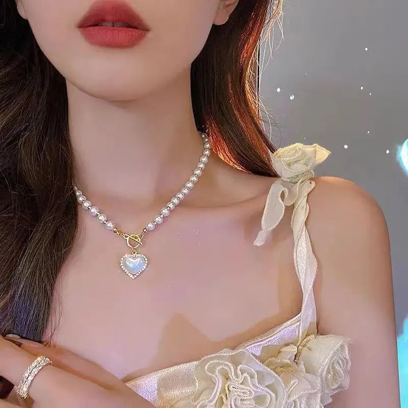 New Beads Women's Neck Chain Kpop Pearl Choker Necklace Gold Color Goth Chocker Jewelry On The Neck Pendant