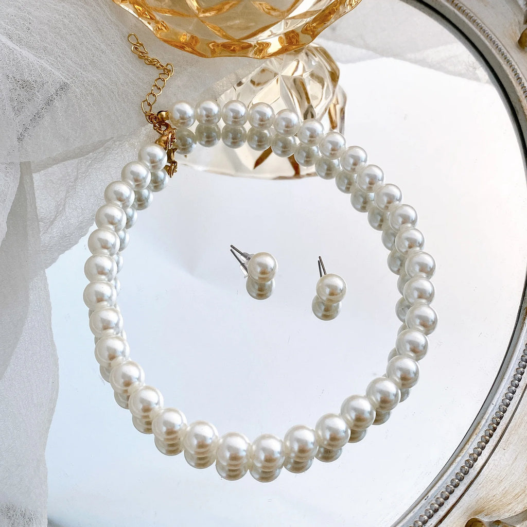 New Fashion White Pearl Necklace Jewelry Sets Necklace Earrings Bridal Pearl Sets Women Party Wedding Christmas Gifts