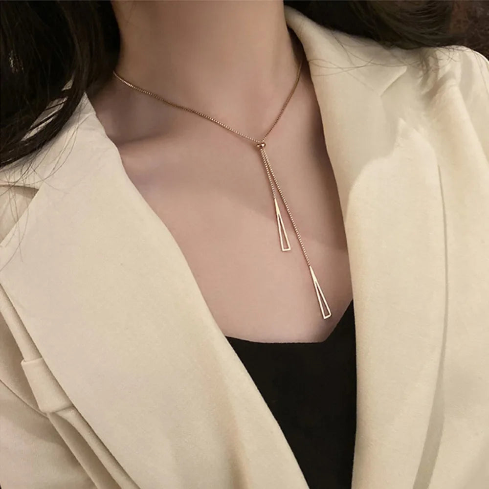 New Korea Trendy Geometric Triangle Pendant Necklace for Women Charm Stainless Steel Adjustable Chokers Jewelry Gift