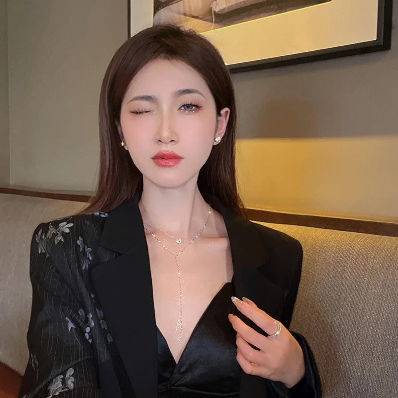 New Luxury Shiny Rhinestone Necklace for Women Fashion Sliver Color Long Tassel Clavicle Chain Necklace Wedding Jewelry Party