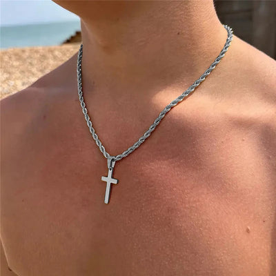 New Men's Stainless Steel Twisted Chain Cross Pendant Necklaces Simple Vintage Gold Silver Color Necklaces Fashion Jewelry Gifts
