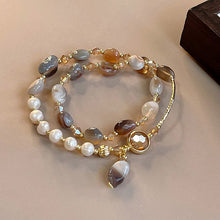 Charger l&#39;image dans la galerie, Natural Agate &amp; Pearl Bracelet Set – Gold Accented Boho Jewelry with Lucky Gourd Charm, Hypoallergenic Stackable Gift