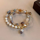 Natural Agate & Pearl Bracelet Set – Gold Accented Boho Jewelry with Lucky Gourd Charm, Hypoallergenic Stackable Gift