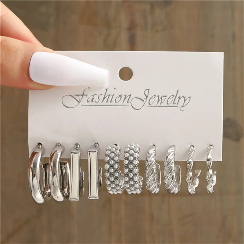 Pearl Silver Color Hoop Earrings Sets For Woman Trendy Butterfly Acrylic Hollow Twist Geometric Dangle Earrings Jewelry Gifts