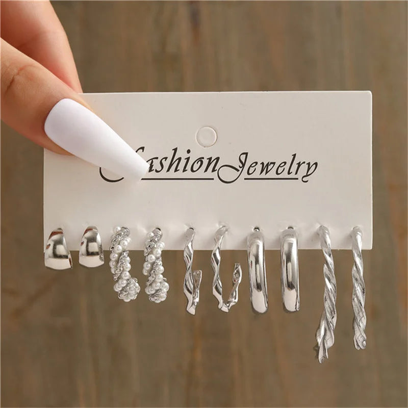 Pearl Silver Color Hoop Earrings Sets For Woman Trendy Butterfly Acrylic Hollow Twist Geometric Dangle Earrings Jewelry Gifts