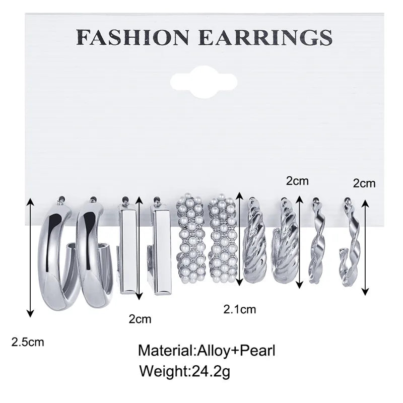 Pearl Silver Color Hoop Earrings Sets For Woman Trendy Butterfly Acrylic Hollow Twist Geometric Dangle Earrings Jewelry Gifts