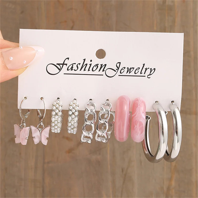 Pearl Silver Color Hoop Earrings Sets For Woman Trendy Butterfly Acrylic Hollow Twist Geometric Dangle Earrings Jewelry Gifts
