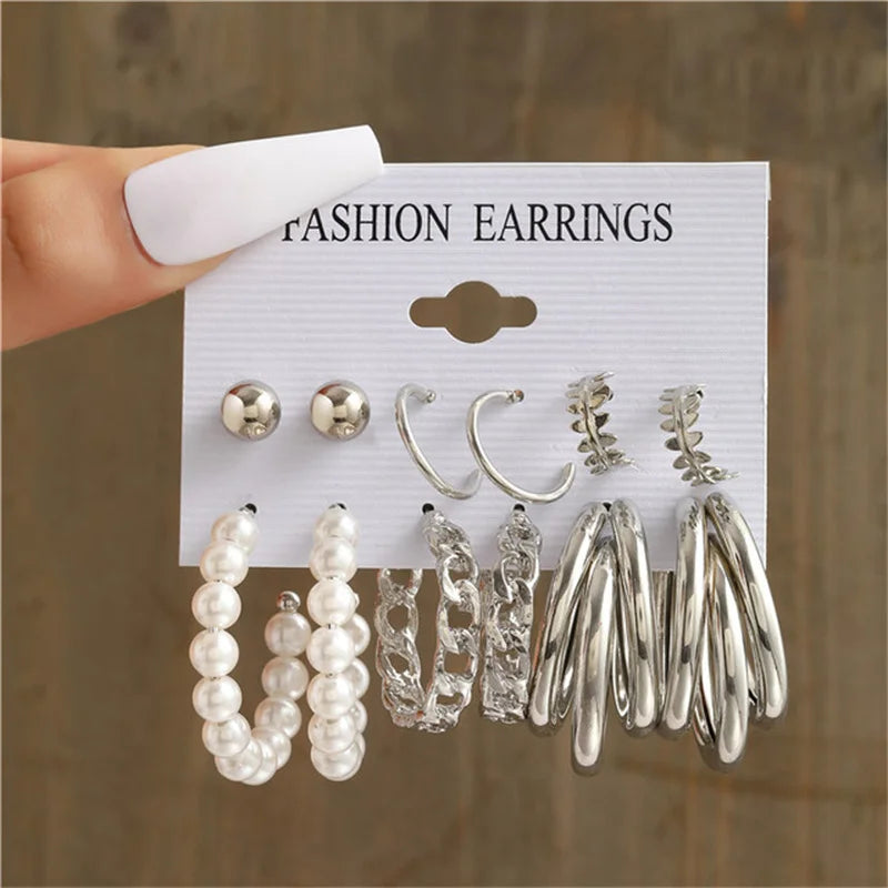 Pearl Silver Color Hoop Earrings Sets For Woman Trendy Butterfly Acrylic Hollow Twist Geometric Dangle Earrings Jewelry Gifts