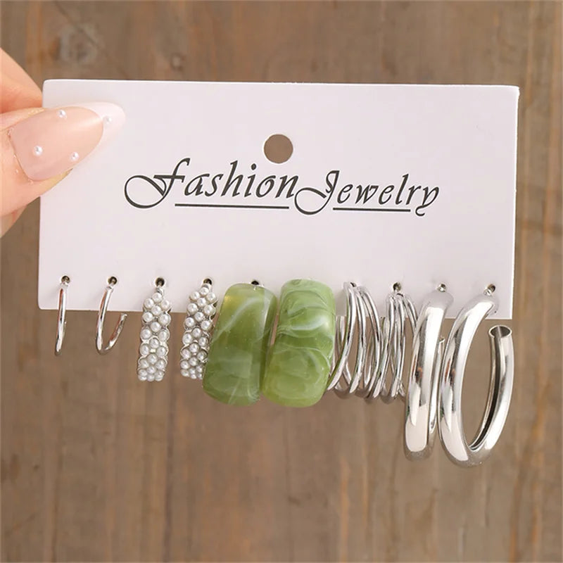 Pearl Silver Color Hoop Earrings Sets For Woman Trendy Butterfly Acrylic Hollow Twist Geometric Dangle Earrings Jewelry Gifts