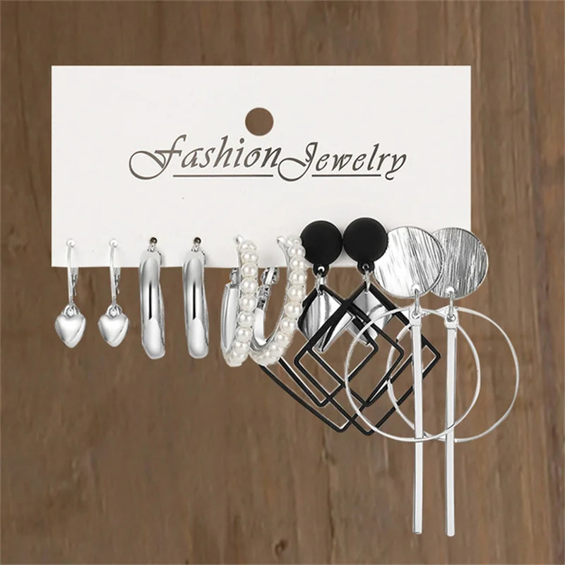 Pearl Silver Color Hoop Earrings Sets For Woman Trendy Butterfly Acrylic Hollow Twist Geometric Dangle Earrings Jewelry Gifts