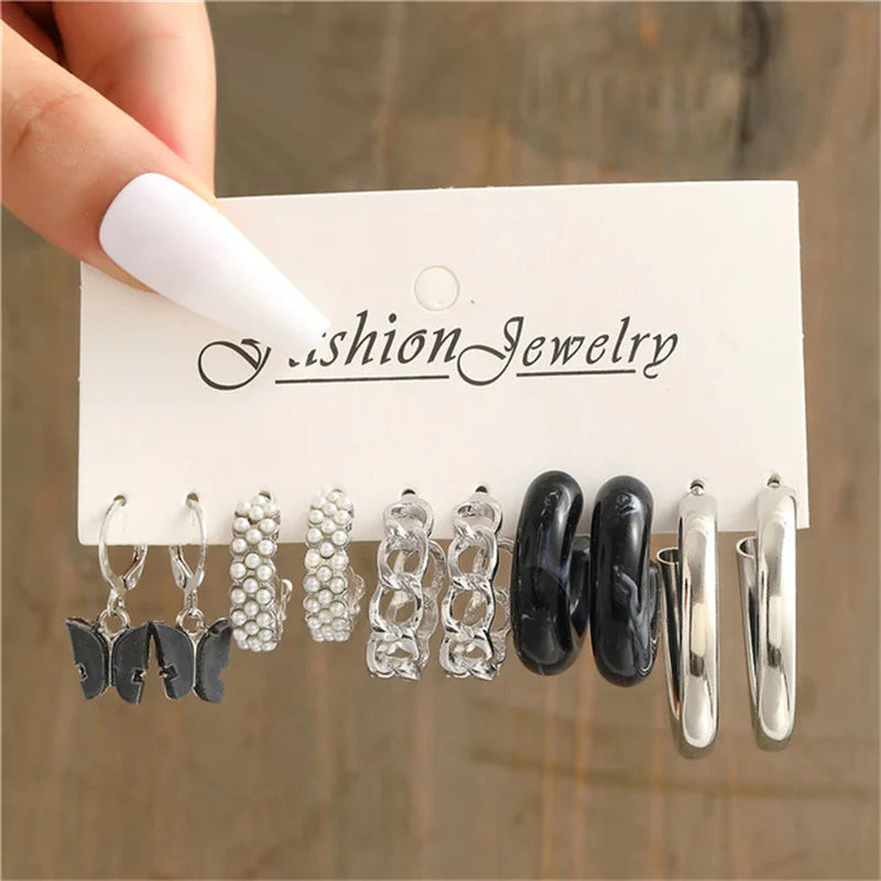 Pearl Silver Color Hoop Earrings Sets For Woman Trendy Butterfly Acrylic Hollow Twist Geometric Dangle Earrings Jewelry Gifts