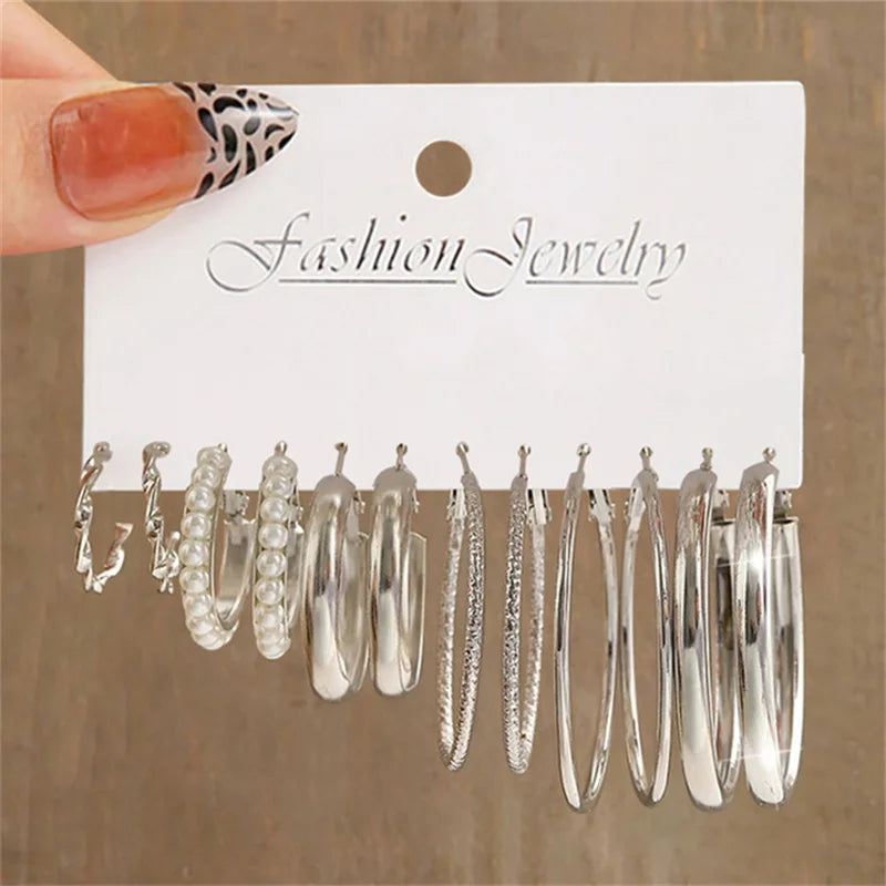 Pearl Silver Color Hoop Earrings Sets For Woman Trendy Butterfly Acrylic Hollow Twist Geometric Dangle Earrings Jewelry Gifts