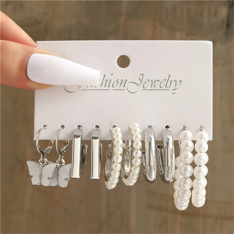 Pearl Silver Color Hoop Earrings Sets For Woman Trendy Butterfly Acrylic Hollow Twist Geometric Dangle Earrings Jewelry Gifts