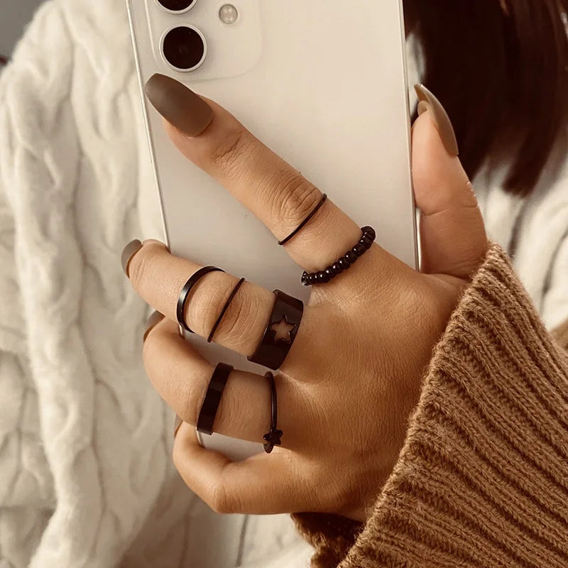 Punk Black Wide Chain Rings Set For Women Girls Fashion Irregular Geometric Finger Thin Ring Female Party Jewelry Gifts