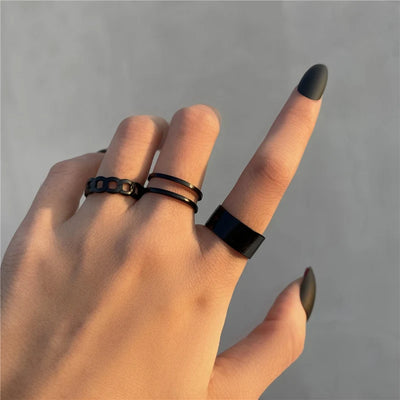 Punk Black Wide Chain Rings Set For Women Girls Fashion Irregular Geometric Finger Thin Ring Female Party Jewelry Gifts