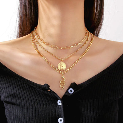 Punk Love Coin Portrait Snake Three Layers Gold Ladies Necklace