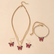 Laden Sie das Bild in den Galerie-Viewer, Rhinestone Inlay Bracelet Elegant Dual Layers Butterflies Necklace Rhinestone Inlay Earrings Bracelet Set Fashion for Her