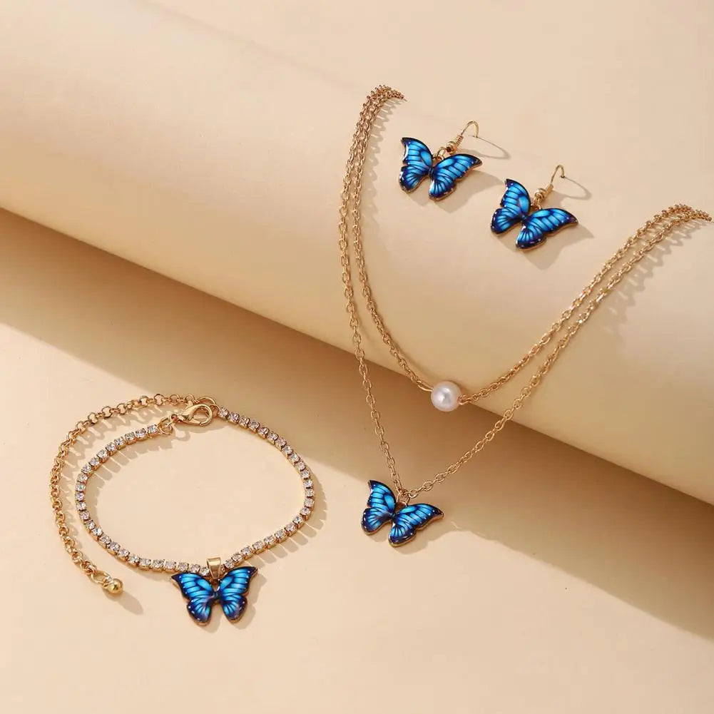 Rhinestone Inlay Bracelet Elegant Dual Layers Butterflies Necklace Rhinestone Inlay Earrings Bracelet Set Fashion for Her