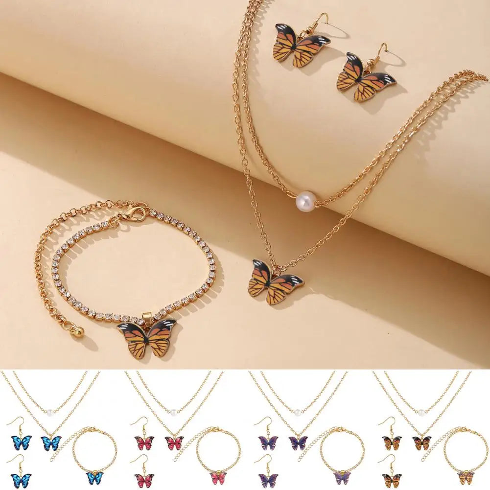 Rhinestone Inlay Bracelet Elegant Dual Layers Butterflies Necklace Rhinestone Inlay Earrings Bracelet Set Fashion for Her
