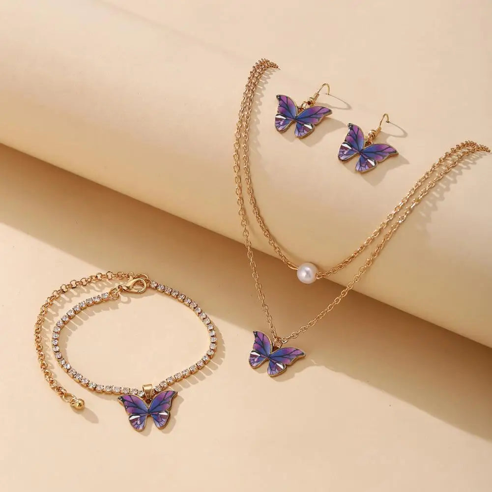 Rhinestone Inlay Bracelet Elegant Dual Layers Butterflies Necklace Rhinestone Inlay Earrings Bracelet Set Fashion for Her