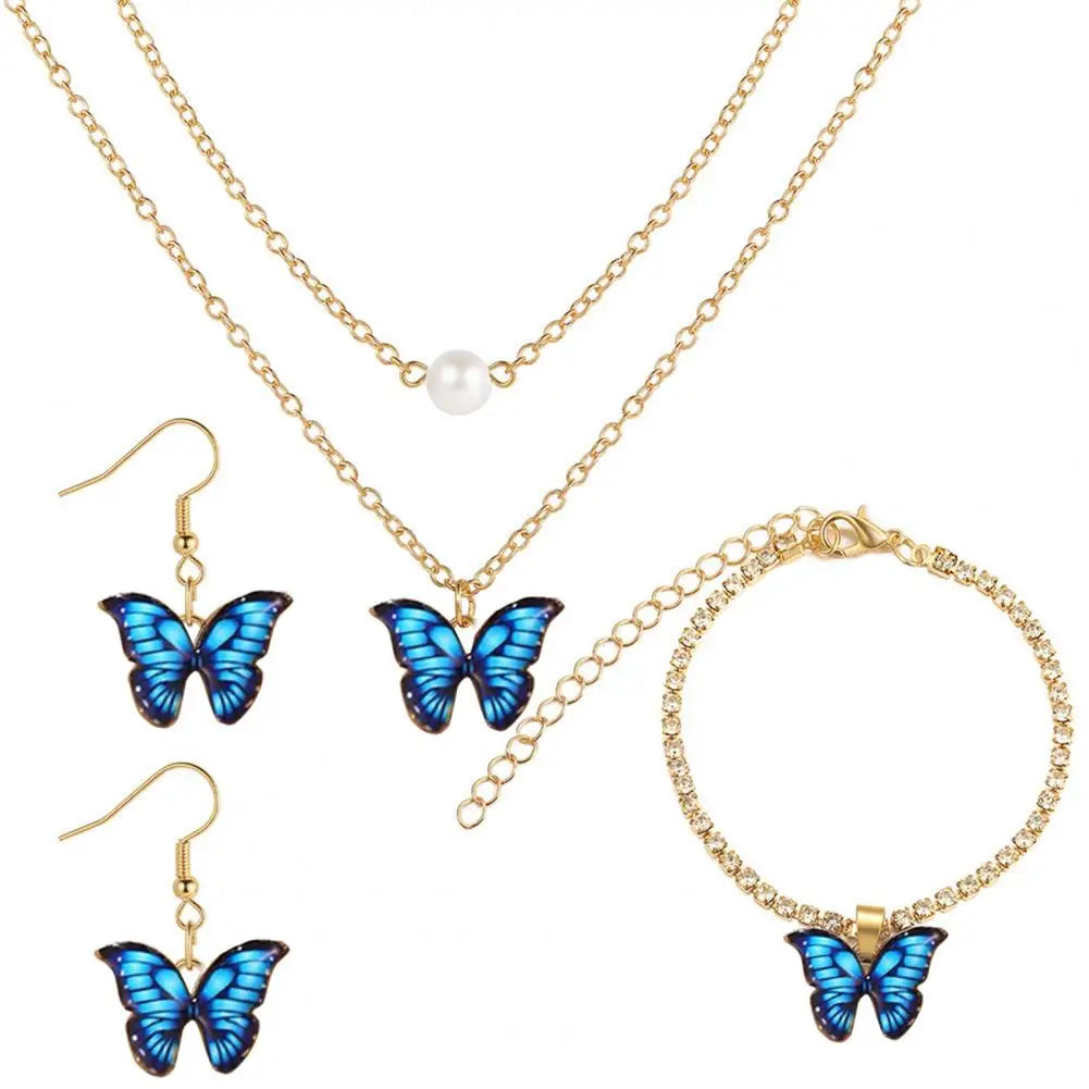 Rhinestone Inlay Bracelet Elegant Dual Layers Butterflies Necklace Rhinestone Inlay Earrings Bracelet Set Fashion for Her