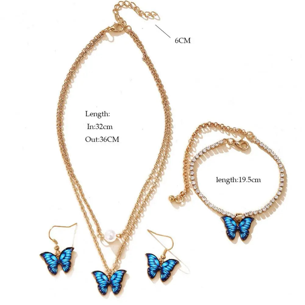Rhinestone Inlay Bracelet Elegant Dual Layers Butterflies Necklace Rhinestone Inlay Earrings Bracelet Set Fashion for Her