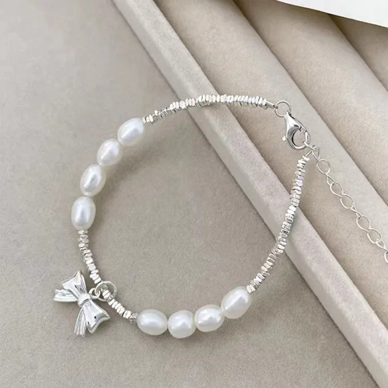 Silver Color Irregular Square Beads Chain Bow knot Pearl Heart Bracelet for Women Fashion Jewelry Gift Wholesale