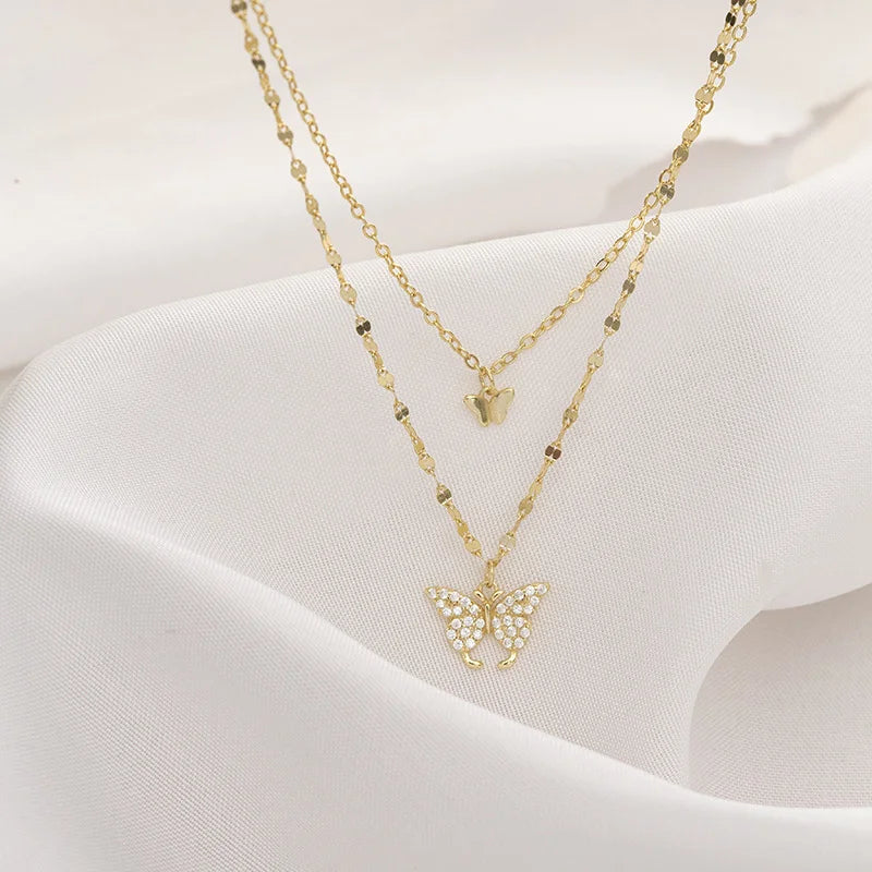 European and American Fashion New Double Butterfly Layer Clavicle Chain Wholesale Women And Jewelry Anuet Party GIfts