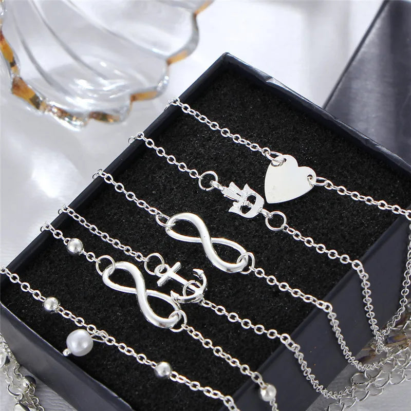 5 Pieces /Set Fashion New Stainless Steel Heart Pendant Anklet Girl Summer Beach Ankle Bracelet Women Accessories Jewelry Gift