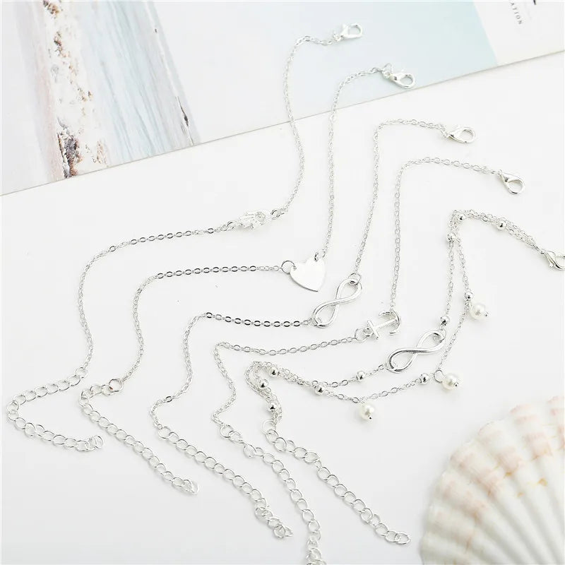 5 Pieces /Set Fashion New Stainless Steel Heart Pendant Anklet Girl Summer Beach Ankle Bracelet Women Accessories Jewelry Gift